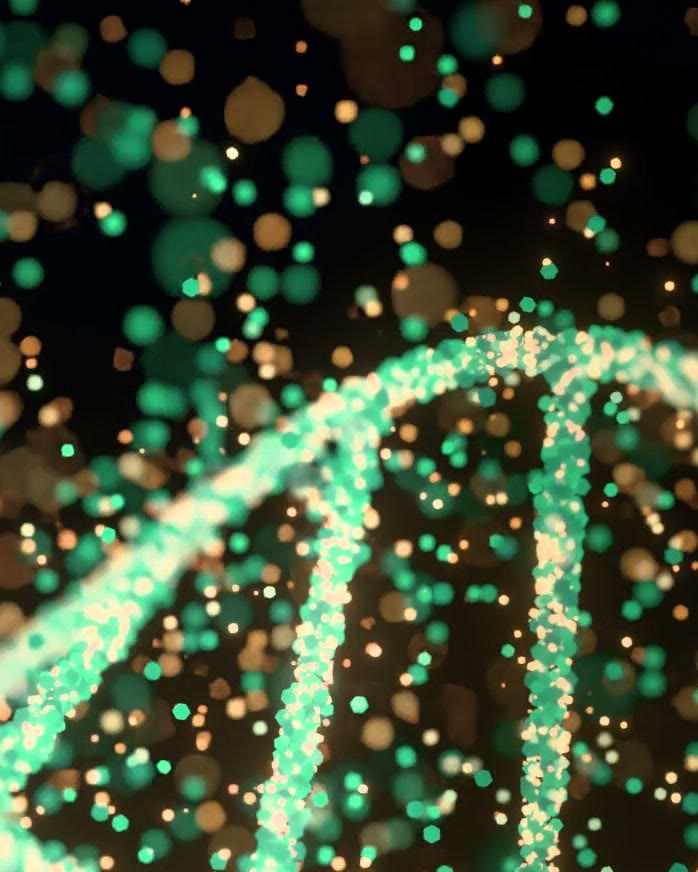 Double hélice d'ADN en particules lumineuses vertes sur fond sombre